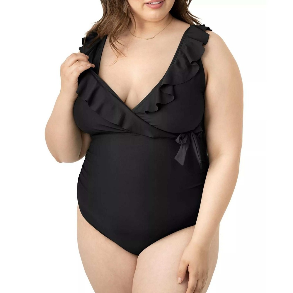 Kindred Bravely Nursing Maternity Ruffle Wrap One Piece Swimsuit Black XL NWT